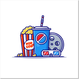 Popcorn, Soda And Roll Film Cartoon Vector Icon Illustration Posters and Art